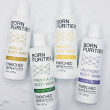 Load image into Gallery viewer, Collection of Born Purities body wash bottles on a white background
